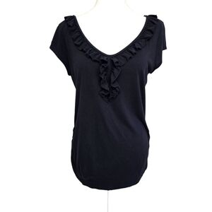 A.n.a Black V Neck Cap Sleeve Ruffled Women's T-shirt With Side Ruching L